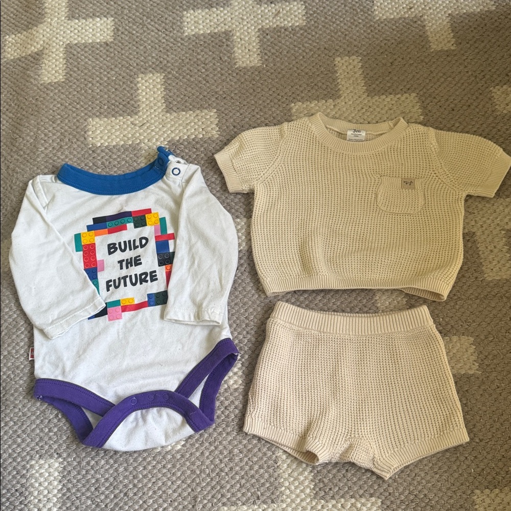 Waffle knit set and Lego onesie bundle
